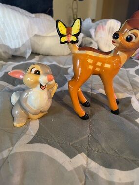 Ceramic Bunny and Fawn Figurine Set - Yellow and Orange Accents